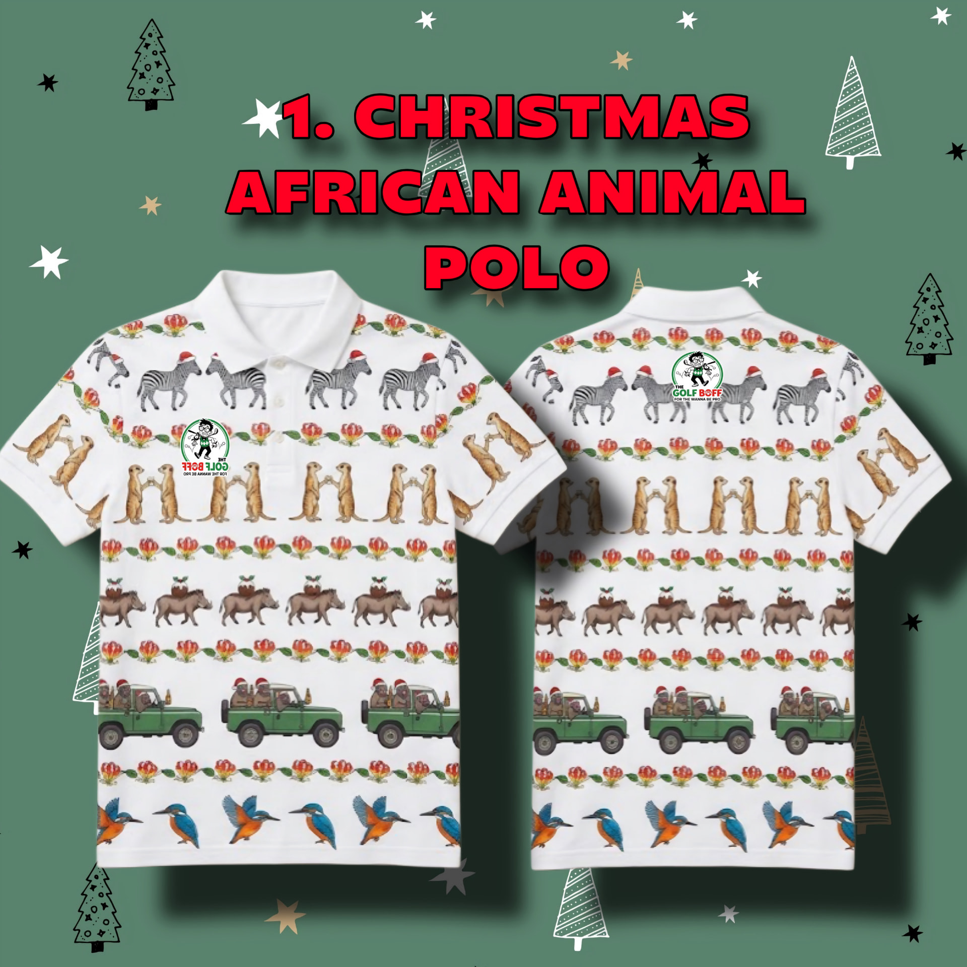 Christmas African Animal polo with zebras, meerkats, warthogs and safari vehicles in festive stripes