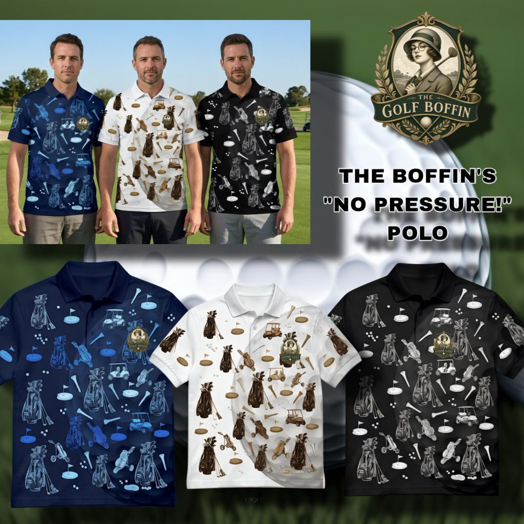 The Boffin's No Pressure! polo in navy, white and black with golf bags, carts and tees print