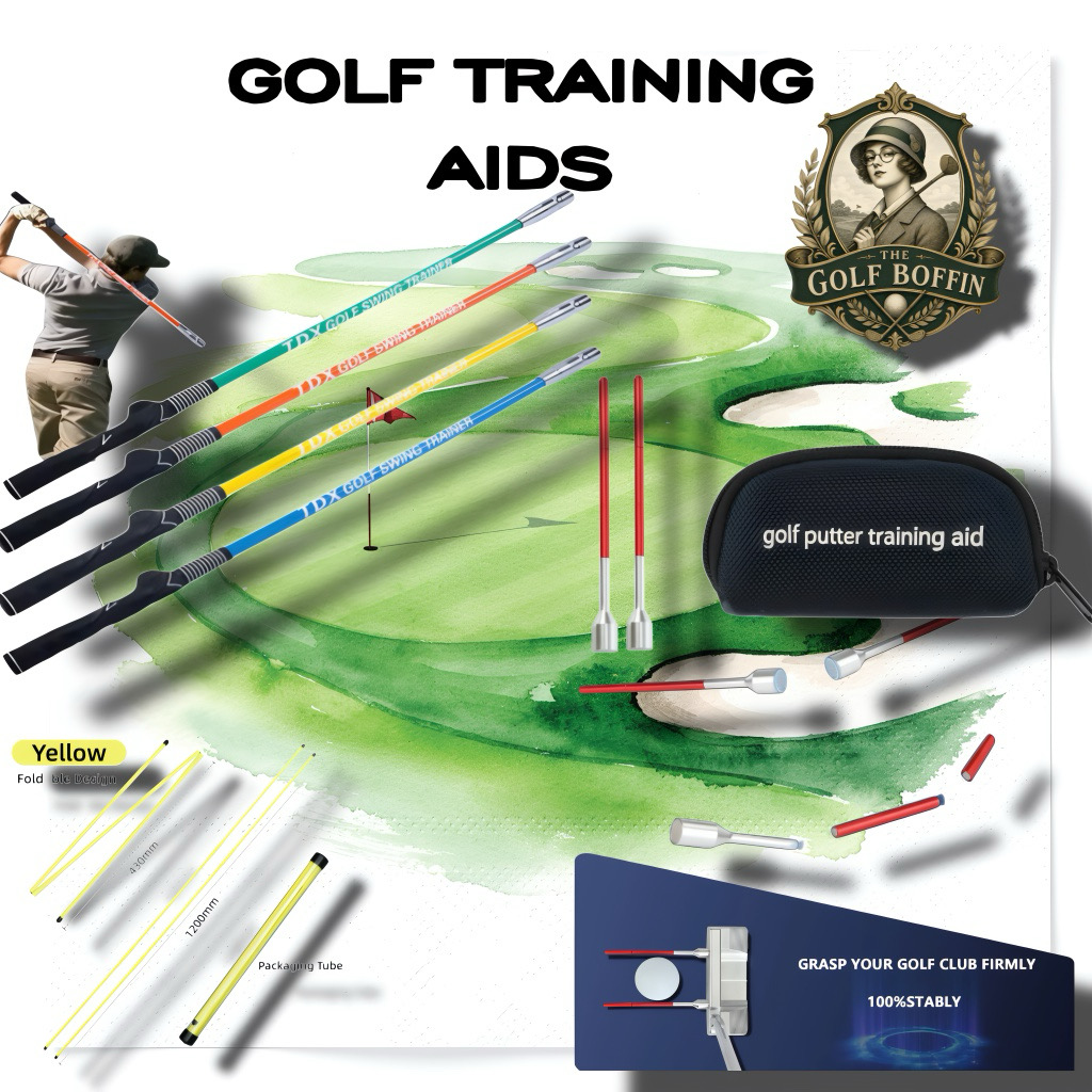 Golf swing trainers, alignment sticks and putter training aids