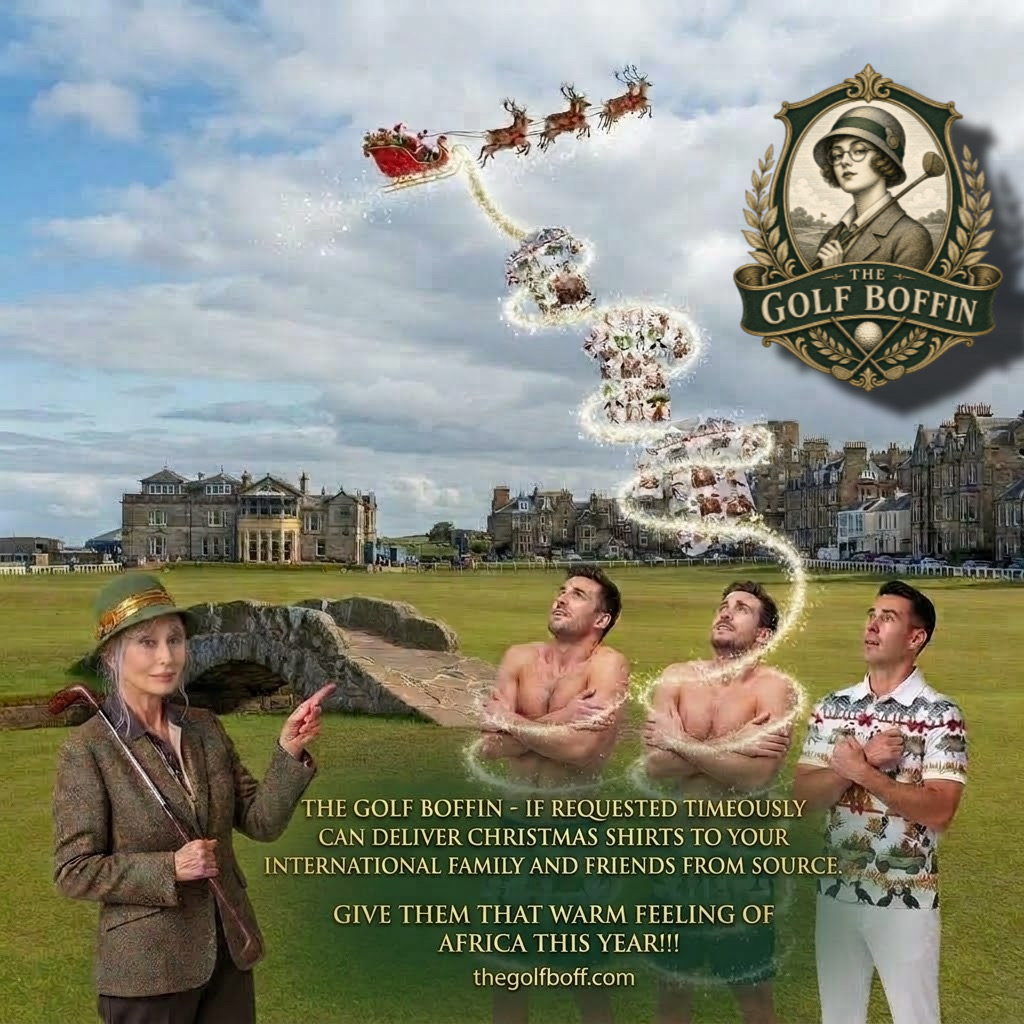 The Golf Boffin Christmas shirts international delivery promotion — Santa's sleigh over the Old Course at St Andrews