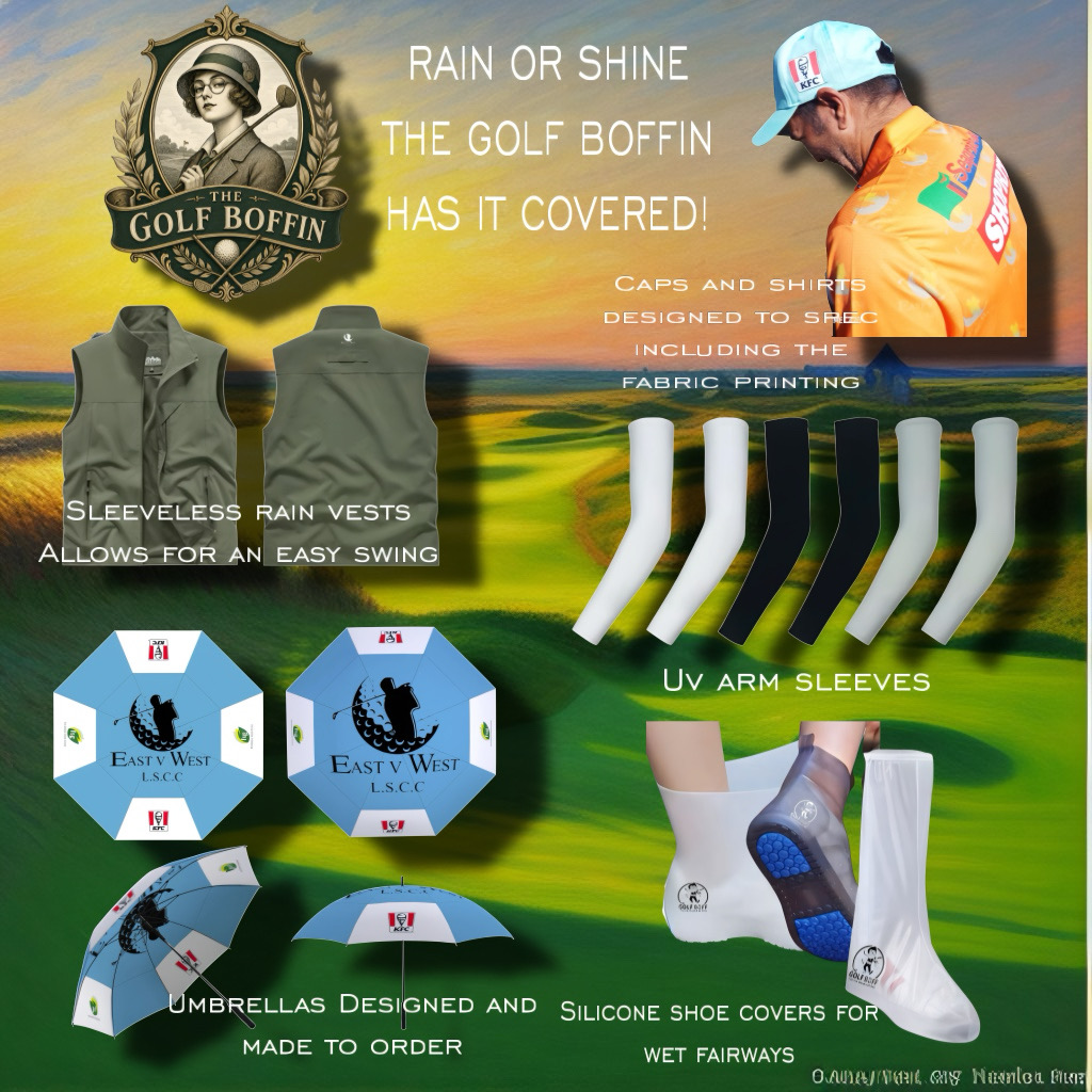 Weather gear collage showing rain vests, branded umbrellas, UV arm sleeves and silicone shoe covers