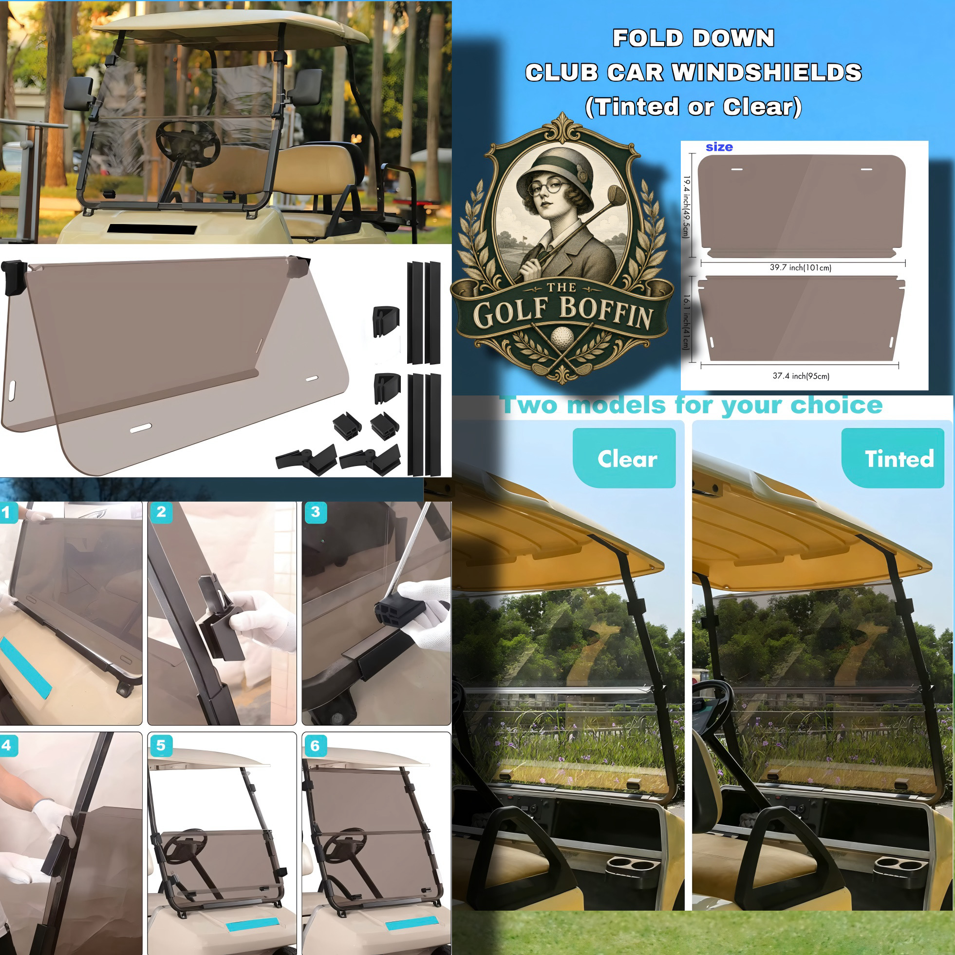 Fold-down Club Car windshields in clear and tinted options with installation hardware