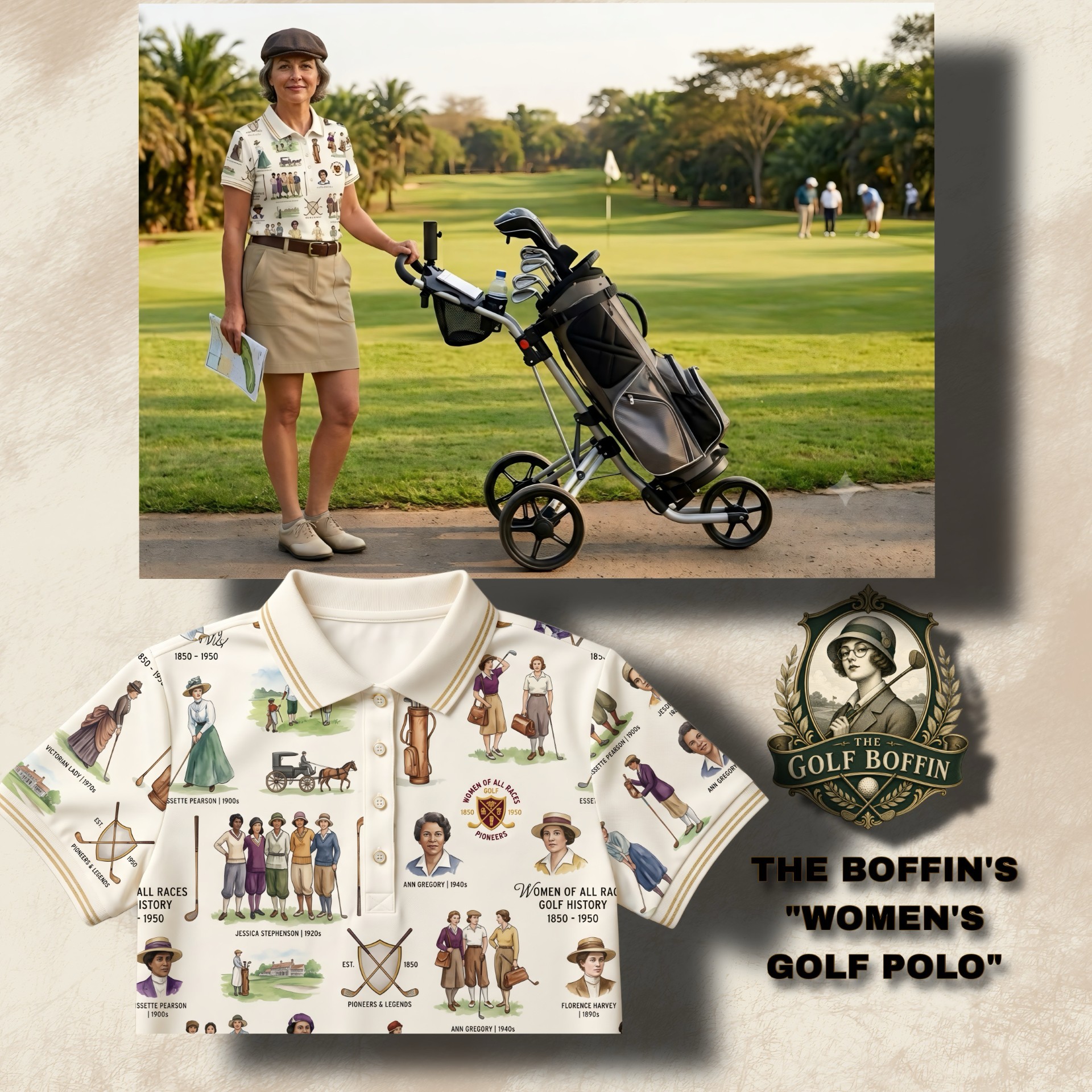 The Boffin's Women's Golf Heritage polo celebrating pioneering women golfers 1850-1950