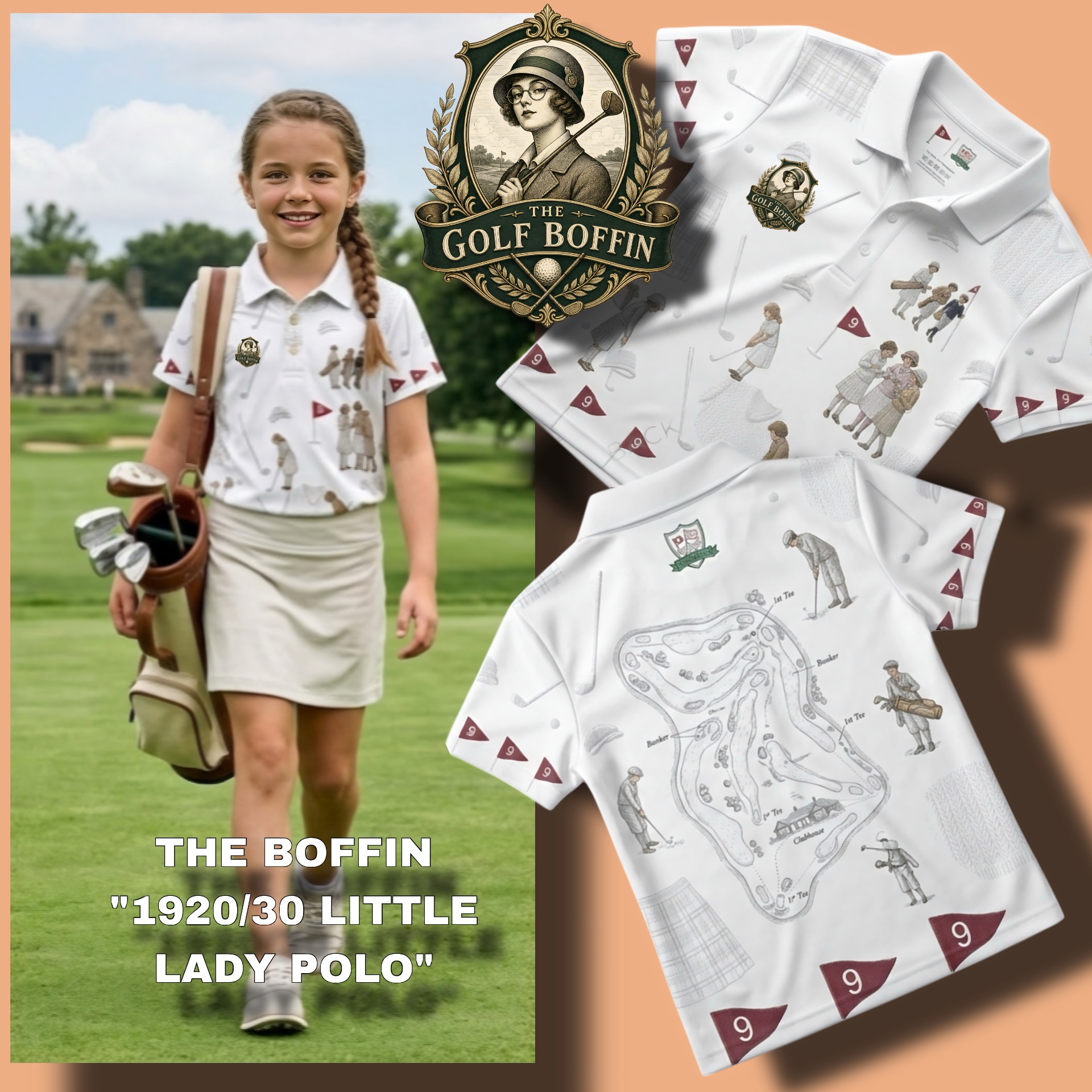 The Boffin 1920/30 Little Lady junior polo in white with vintage golfers and course-map print