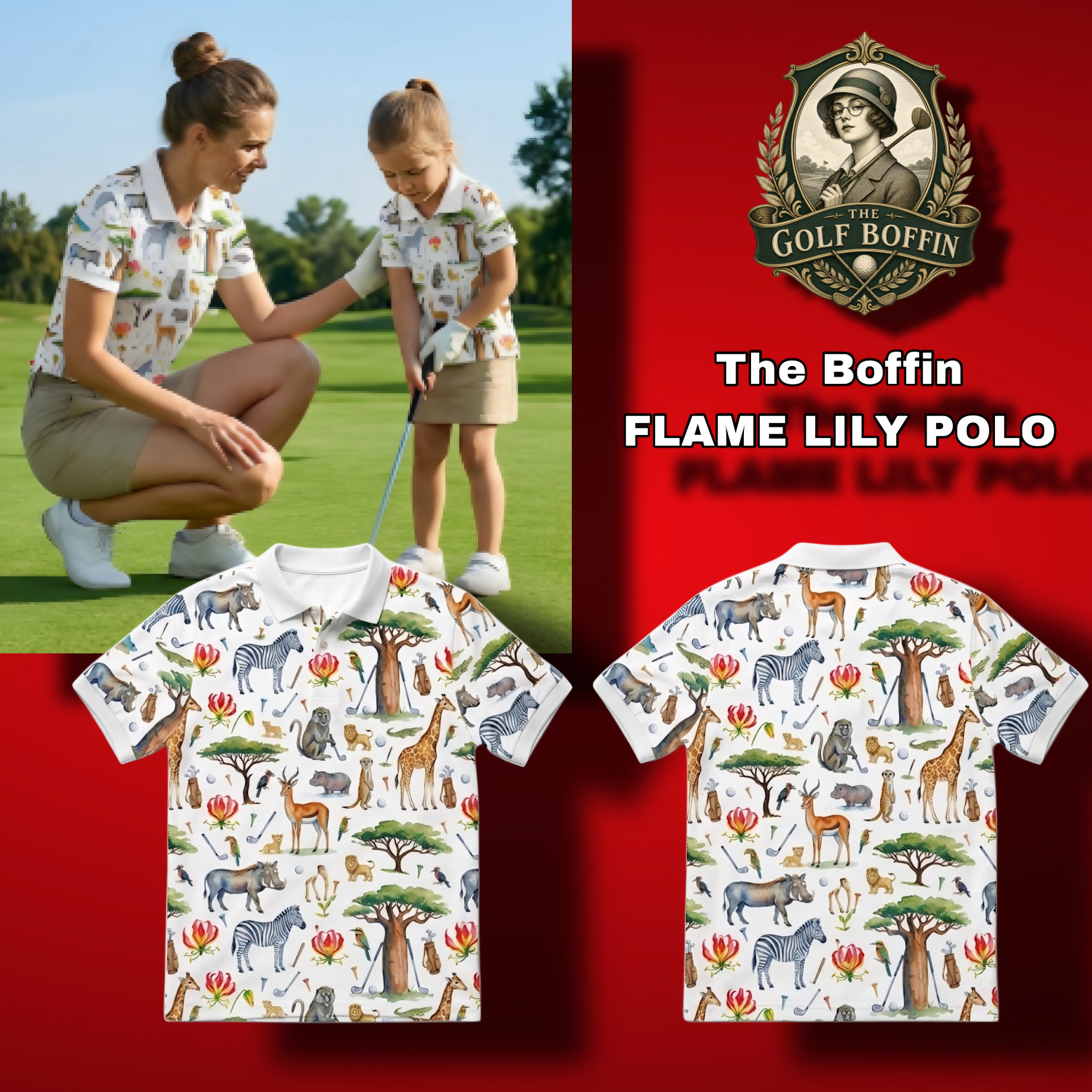 The Boffin Flame Lily polo in white with watercolour African wildlife, baobabs and flame lilies