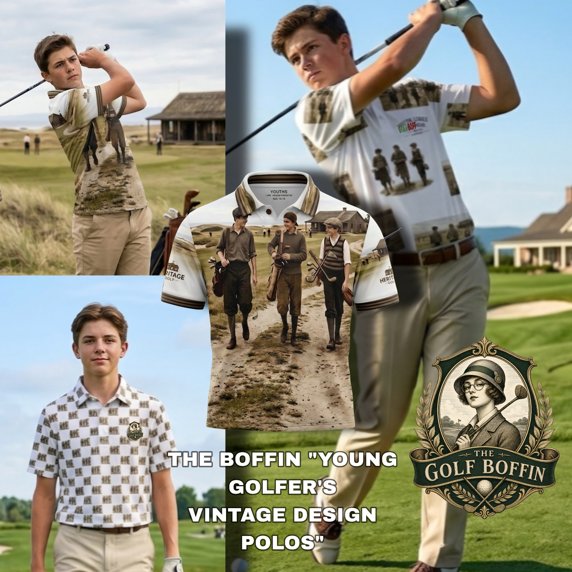 The Boffin Young Golfer's Vintage Design polos worn by a junior golfer, with sepia 1920s golfers print