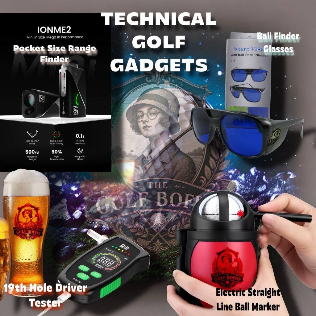 Technical golf gadgets including rangefinder, ball finder glasses and electric ball line marker