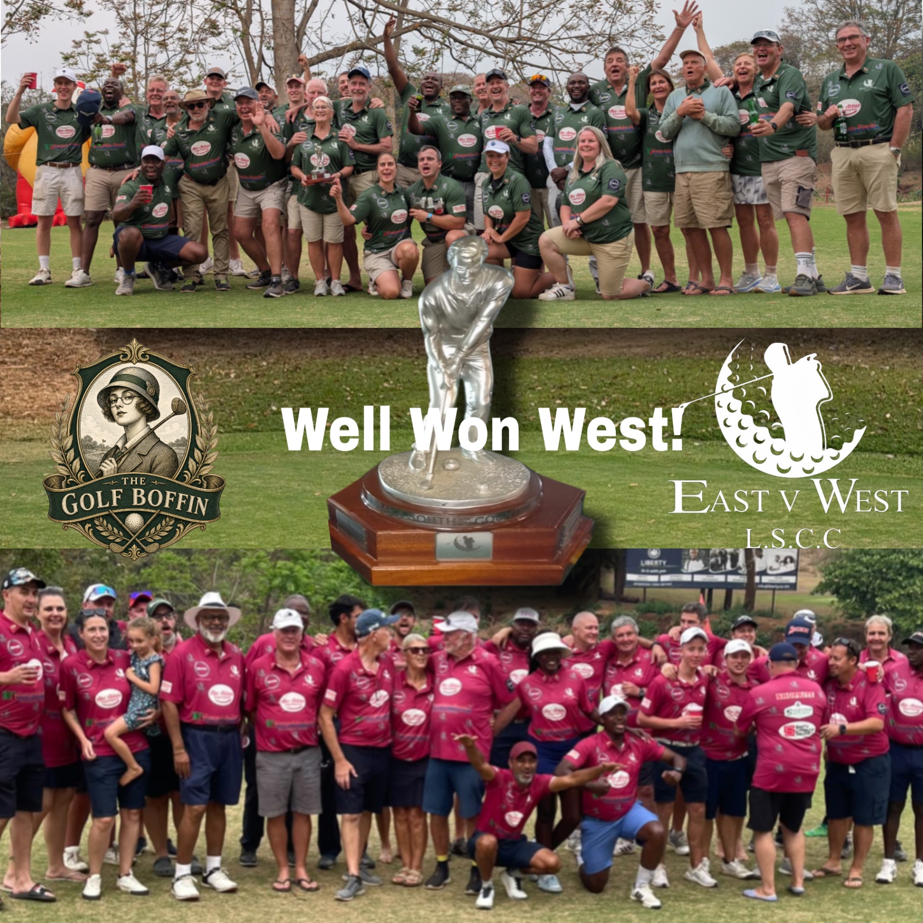 East v West golf teams celebrating around the tournament trophy
