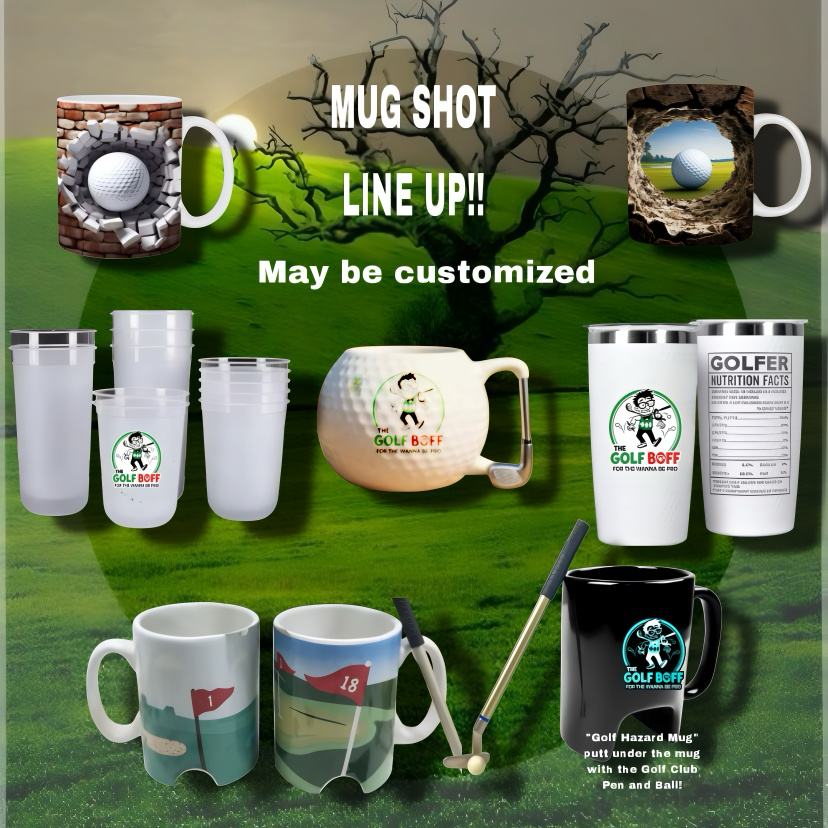Golf mug line up including novelty hazard mugs, tumblers and travel cups, customisable