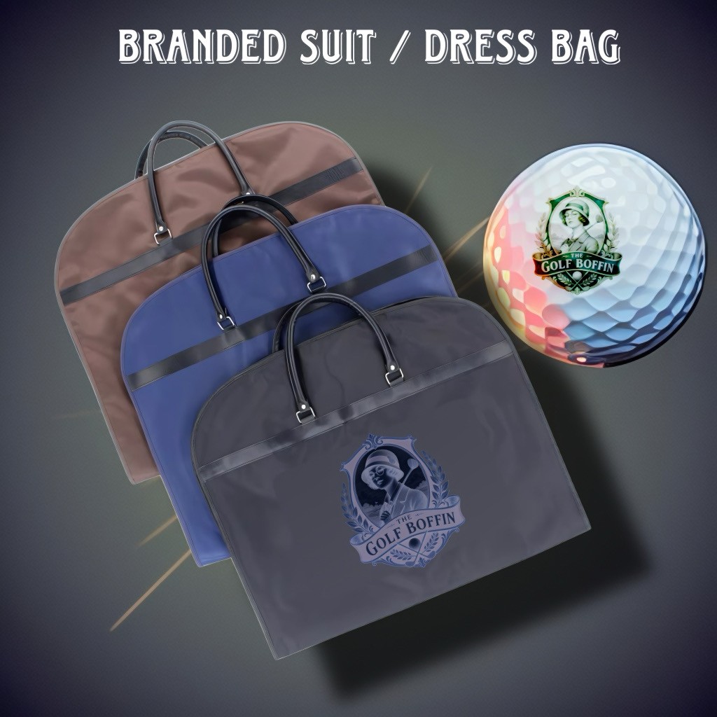 Branded suit and dress bags in brown, navy and grey with golf logo