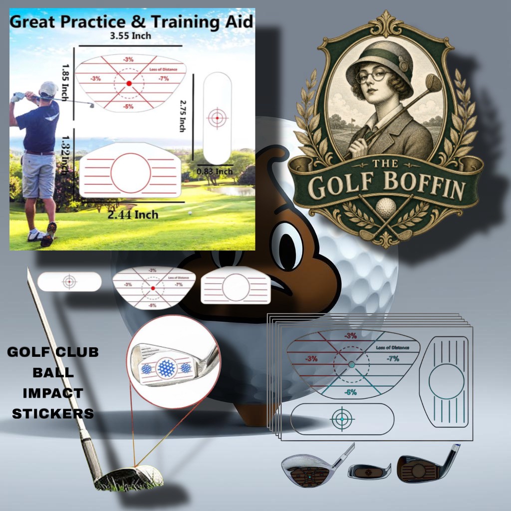 Golf club ball impact stickers for driver, wood and iron faces showing strike position and loss of distance