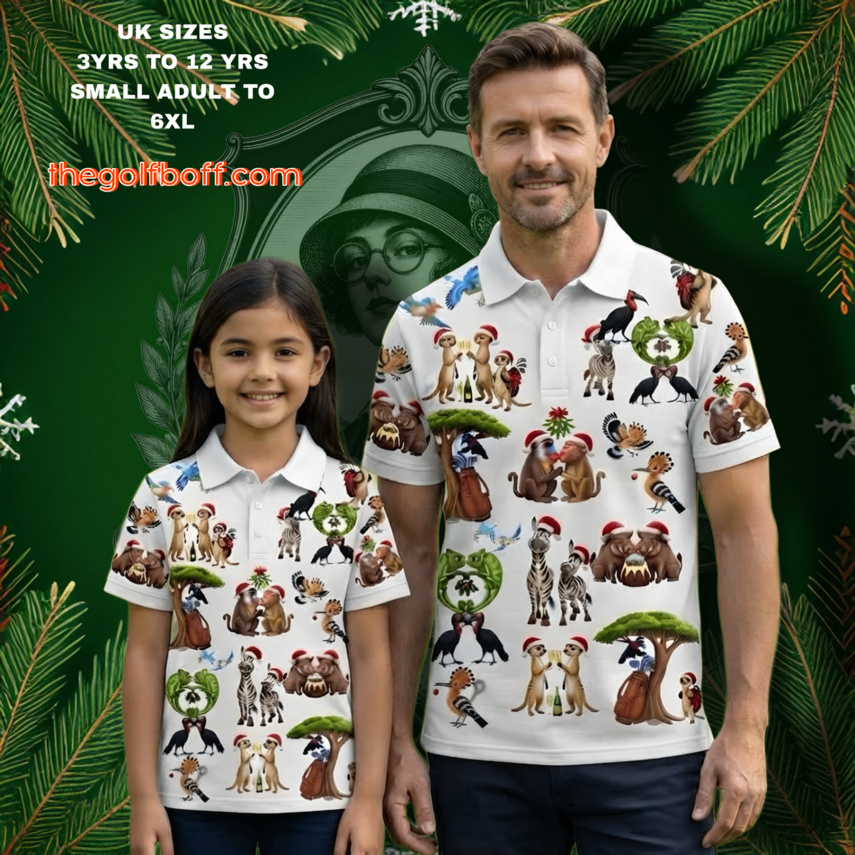 Matching adult and junior African Christmas animal polos