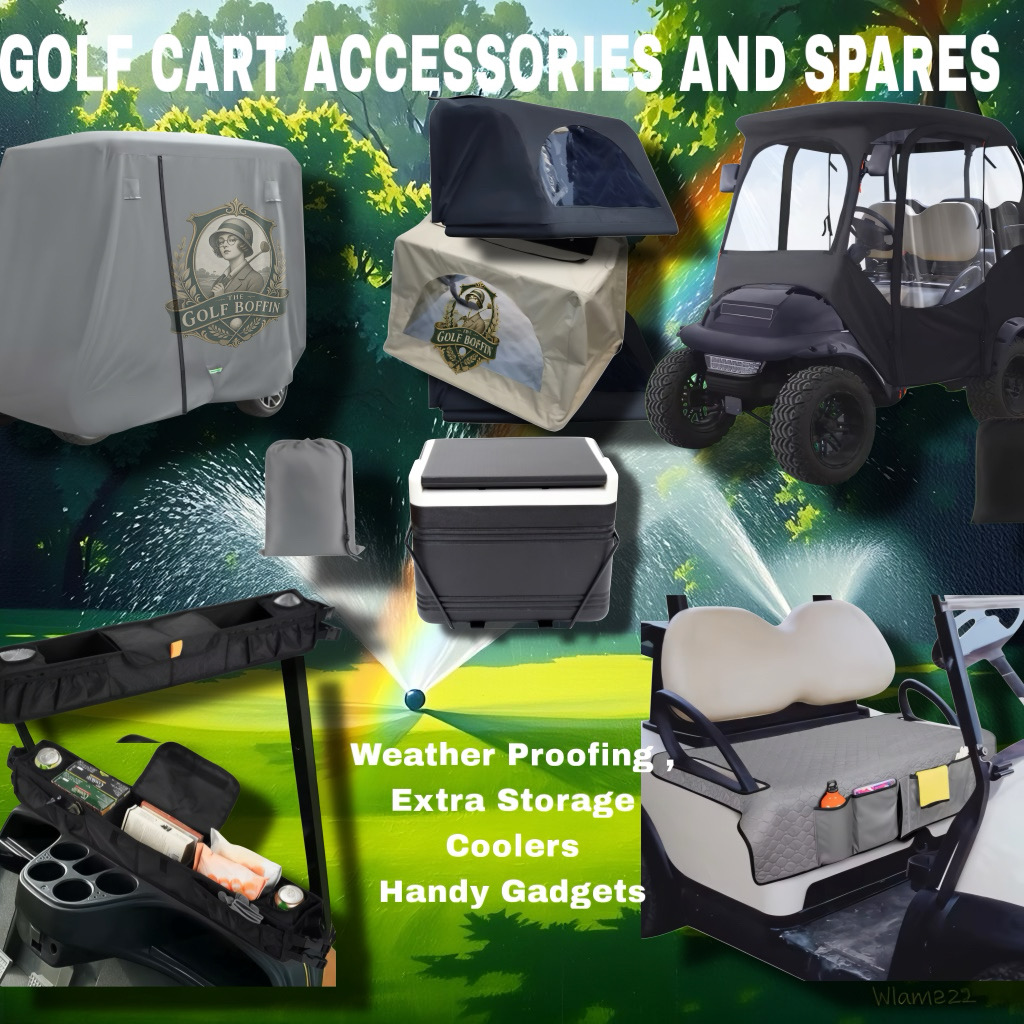 Golf cart accessories and spares: branded cart covers, enclosures, coolers, seat organisers and storage
