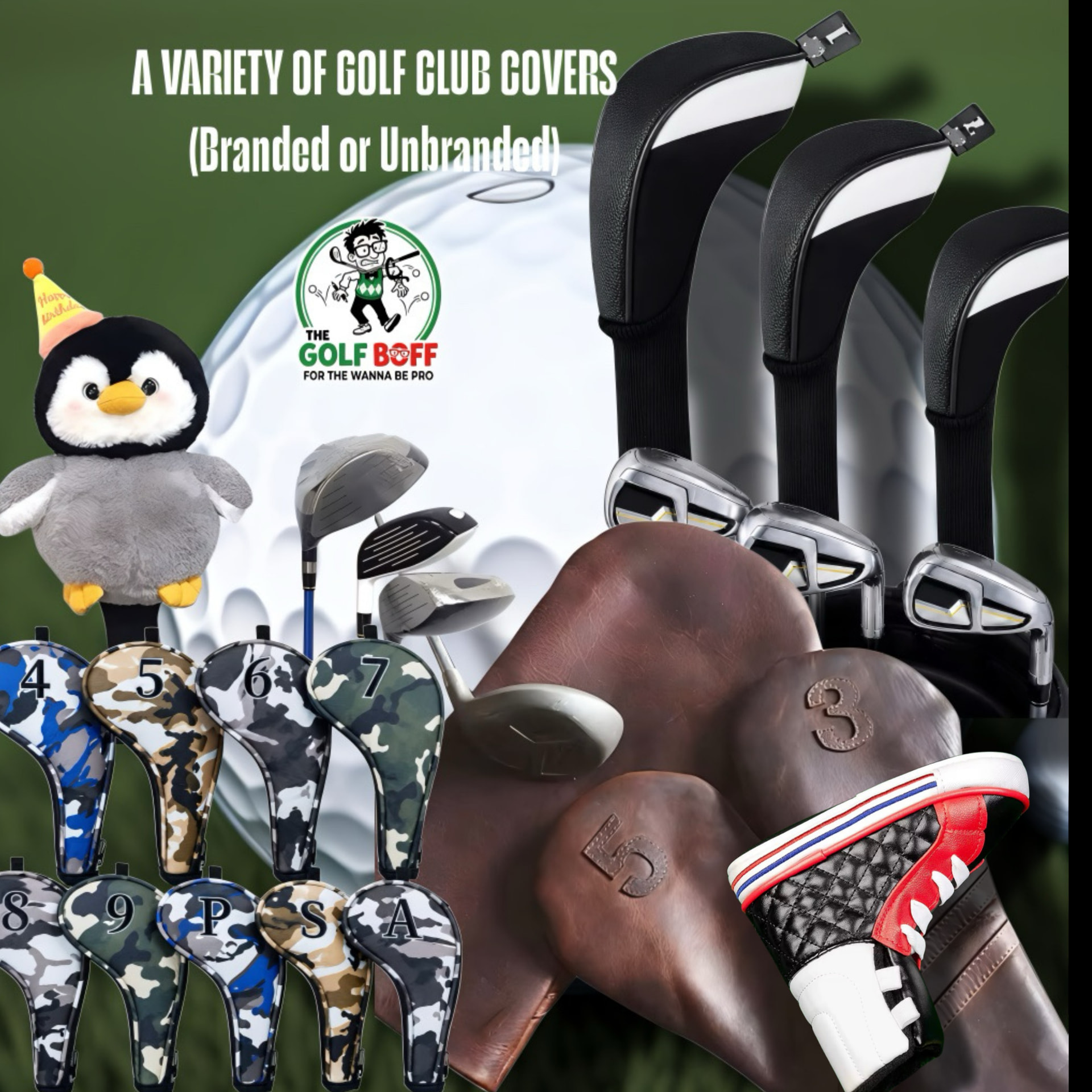 Variety of branded and unbranded wood and iron golf club covers