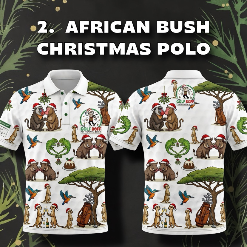 Christmas African Bush polo with meerkats, warthogs and kingfishers in Santa hats