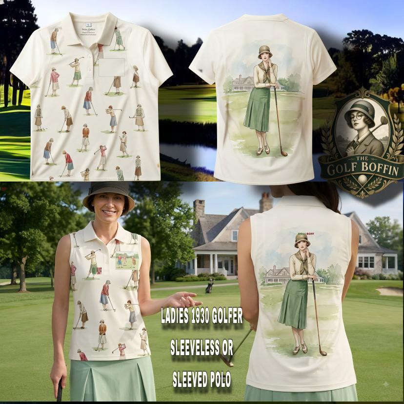 Ladies 1930 golfer polo in cream with vintage lady golfer repeat print, sleeveless or sleeved