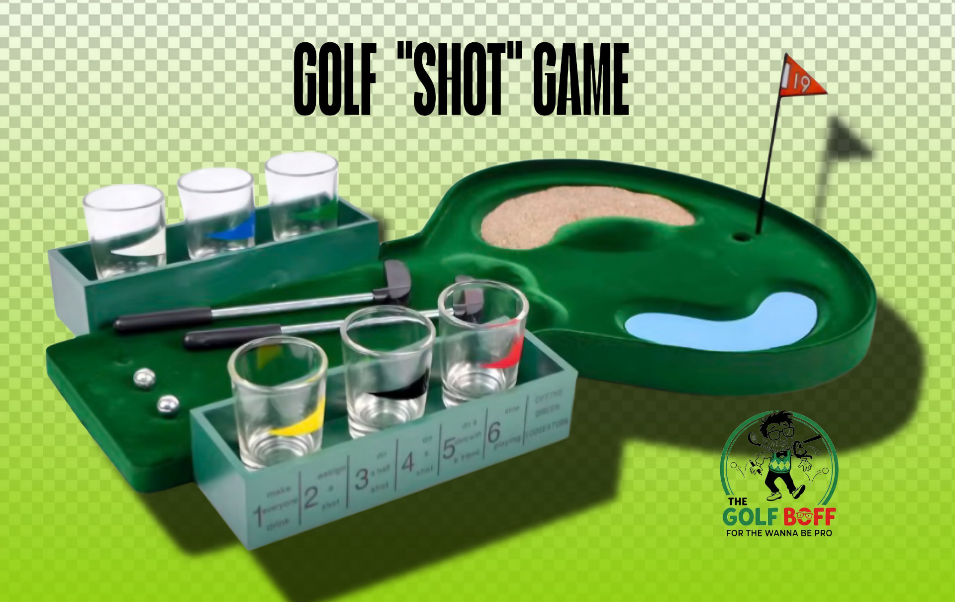 Golf "Shot" drinking game with mini putting green and shot glasses