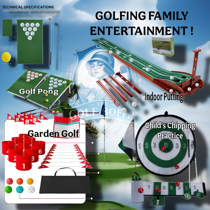 Golfing family entertainment set with golf pong, indoor putting, garden golf and chipping targets