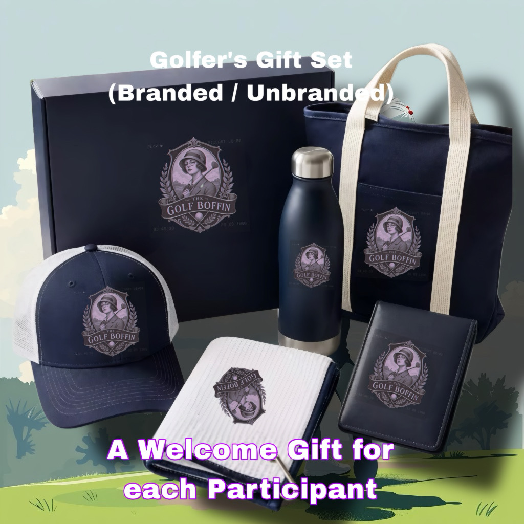 Golfer's gift set with branded tote bag, cap, water bottle, notebook, wallet and presentation box