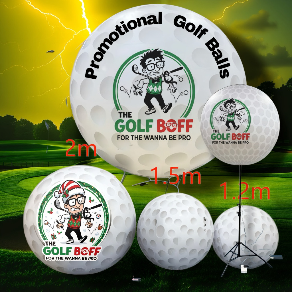 Promotional branded inflatable golf balls in 2m, 1.5m and 1.2m sizes on stands