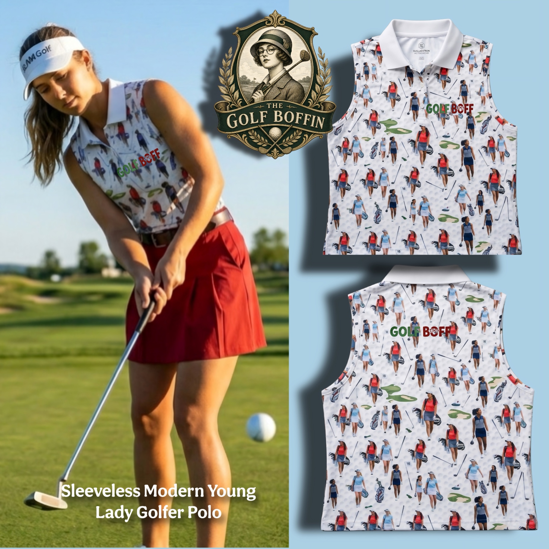Sleeveless Modern Young Lady Golfer polo with repeat print of women golfers, clubs and bags