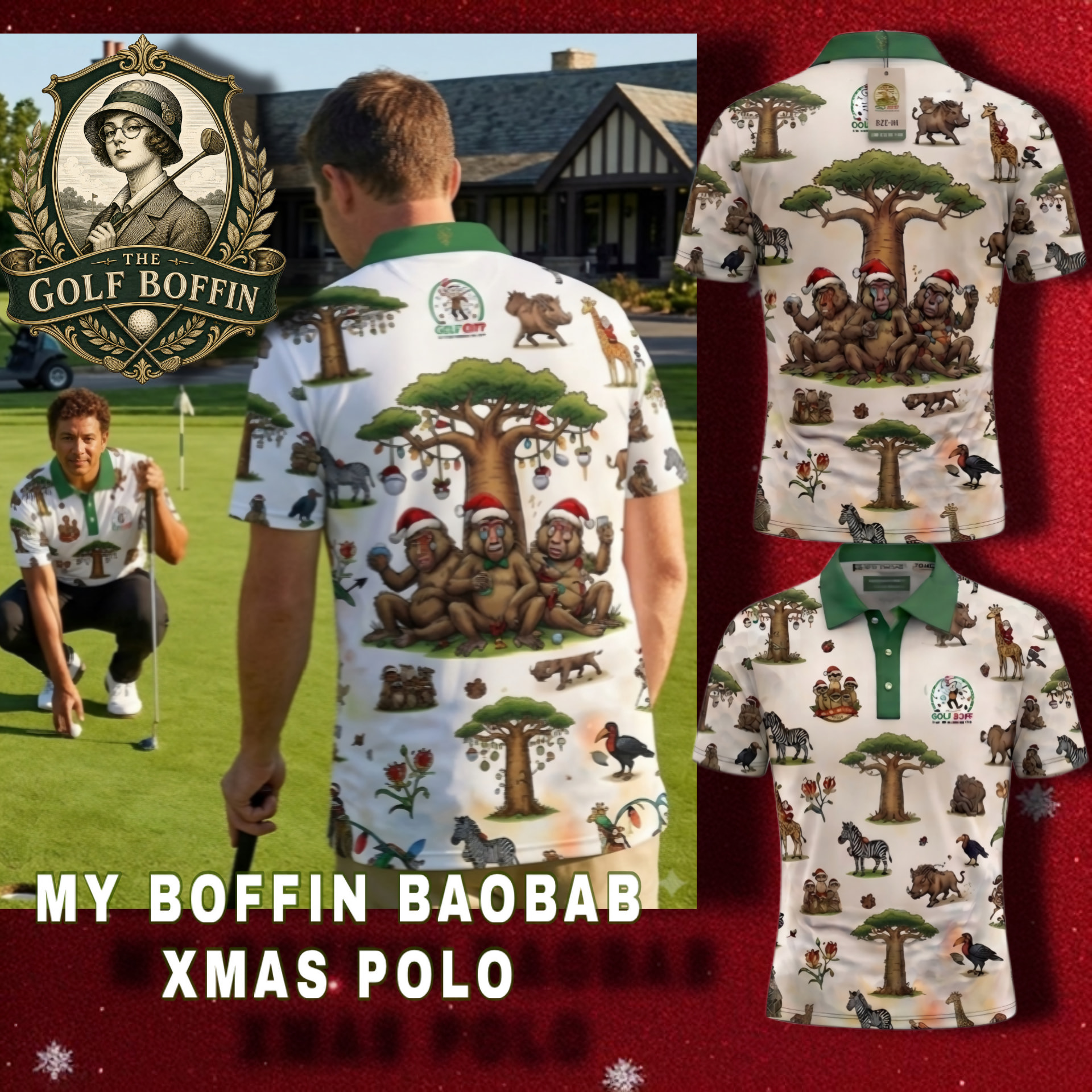 My Boffin Baobab Xmas polo with festive baobab tree, baboons in Santa hats and African wildlife print