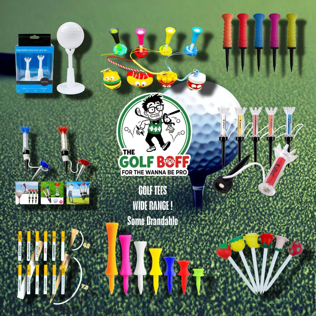 Wide range of golf tees including wooden, plastic, brush and novelty tees