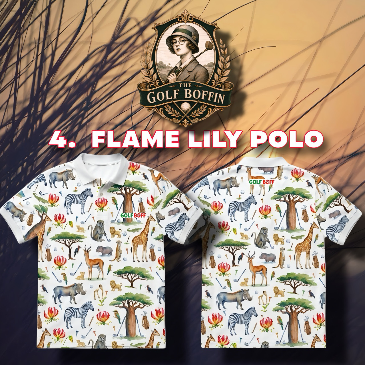 The Boffin Flame Lily polo with watercolour African wildlife, baobabs and flame lilies