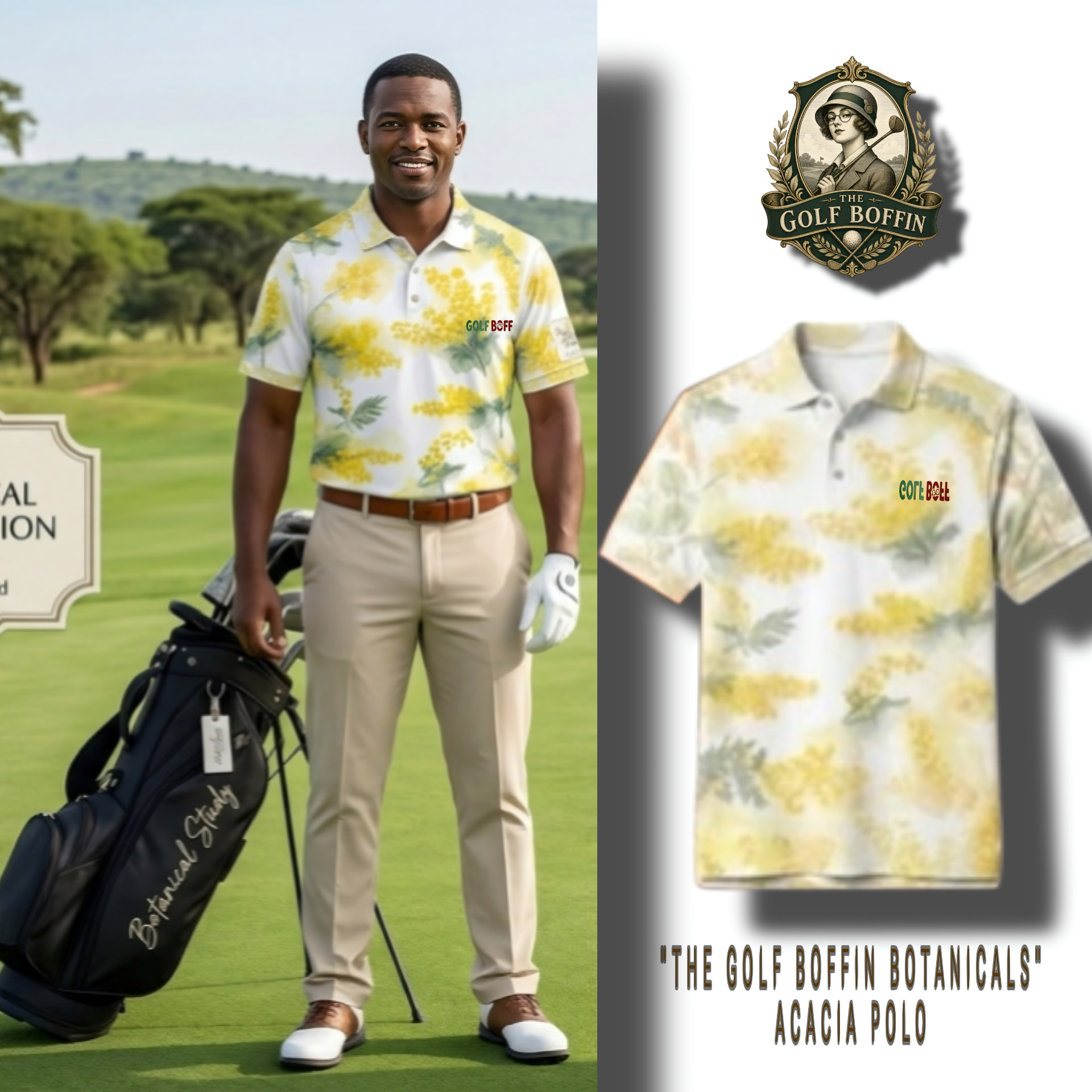 The Golf Boffin Botanicals Acacia polo with yellow acacia blossom print