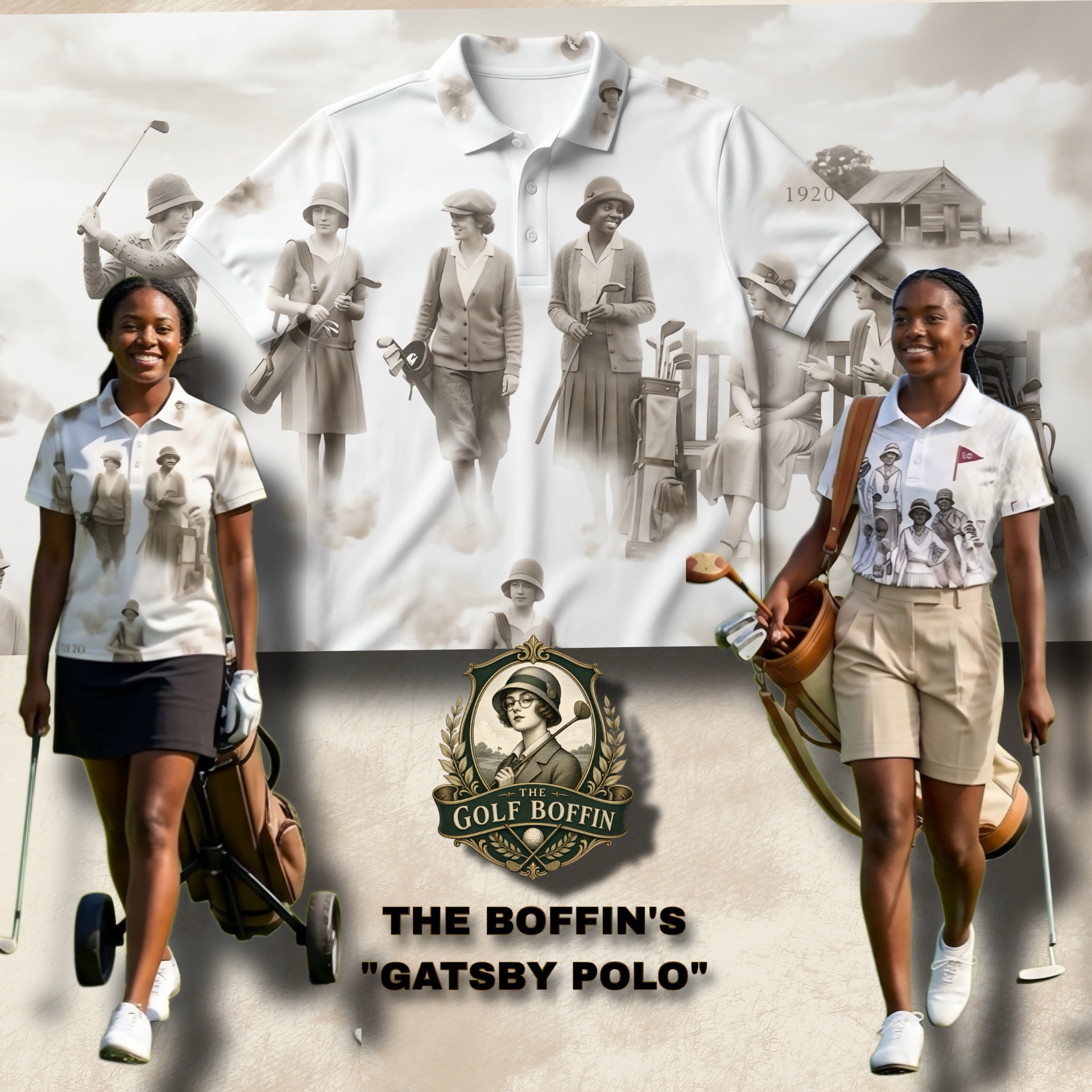 The Boffin's Gatsby Polo — sepia 1920s lady golfers repeat print on white