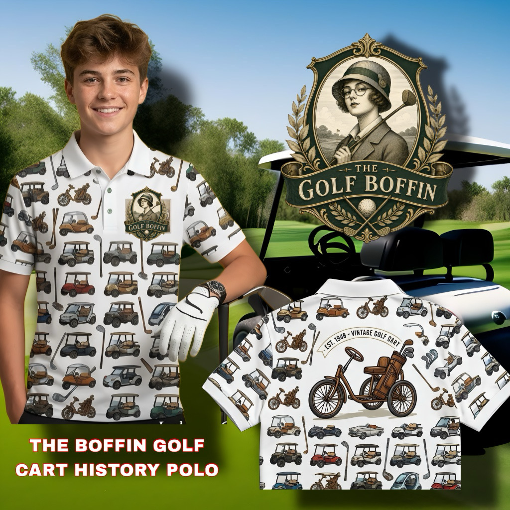 The Boffin Golf Cart History polo in white with vintage and modern golf cart repeat print