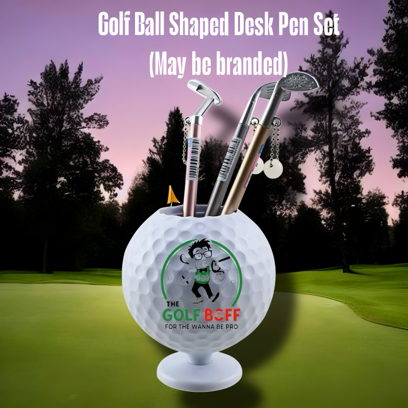 Golf ball shaped desk pen set, may be branded
