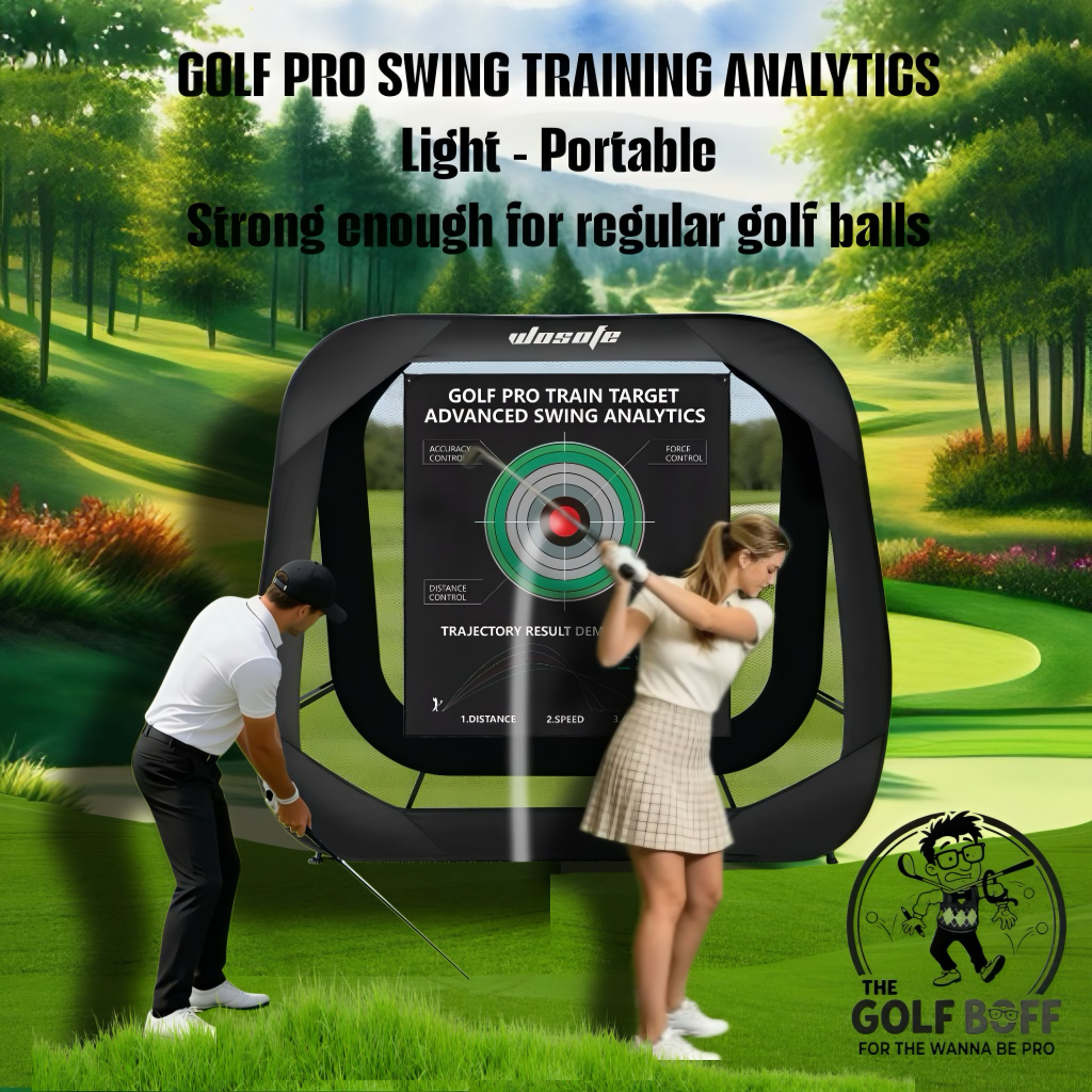 Portable golf practice net with swing analytics target