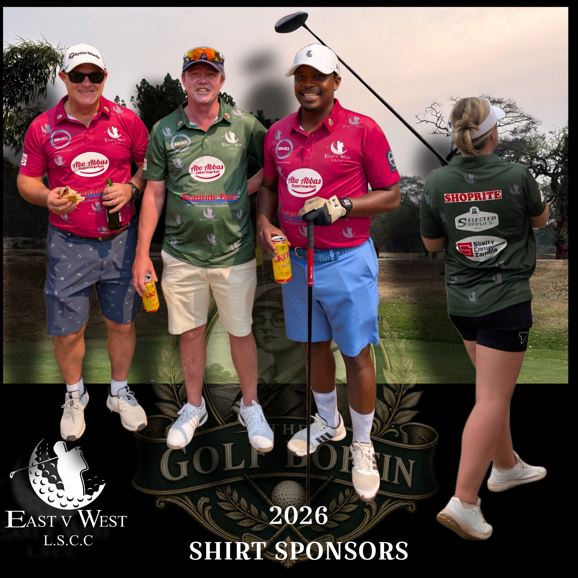 East v West team members modelling red and green sponsored golf shirts