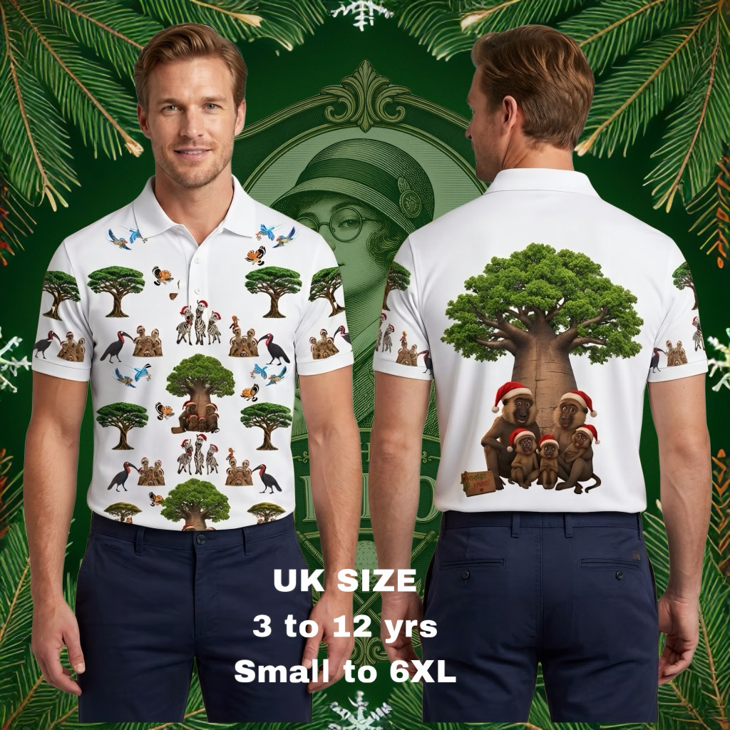 African baobab family Christmas polo shown from the front and back