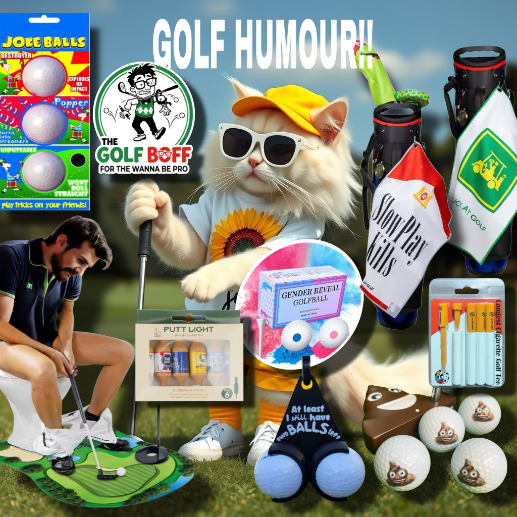 Golf humour novelties including joke balls, putt light tees and novelty towels