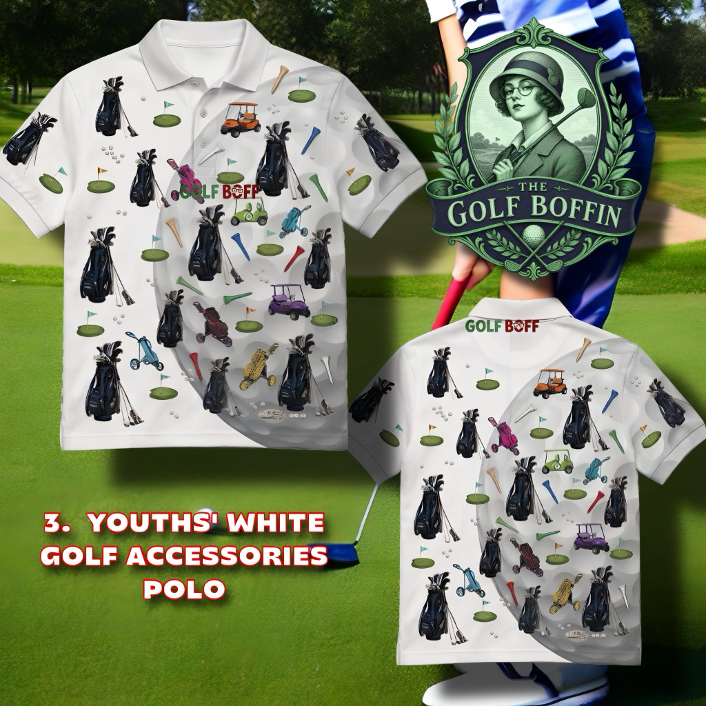 Youths' white golf accessories polo with bags, carts and tees