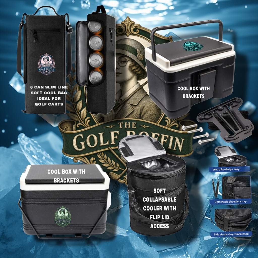 Golf cart coolers: 6 can slim line soft cool bag, cool boxes with brackets and soft collapsable cooler with flip lid