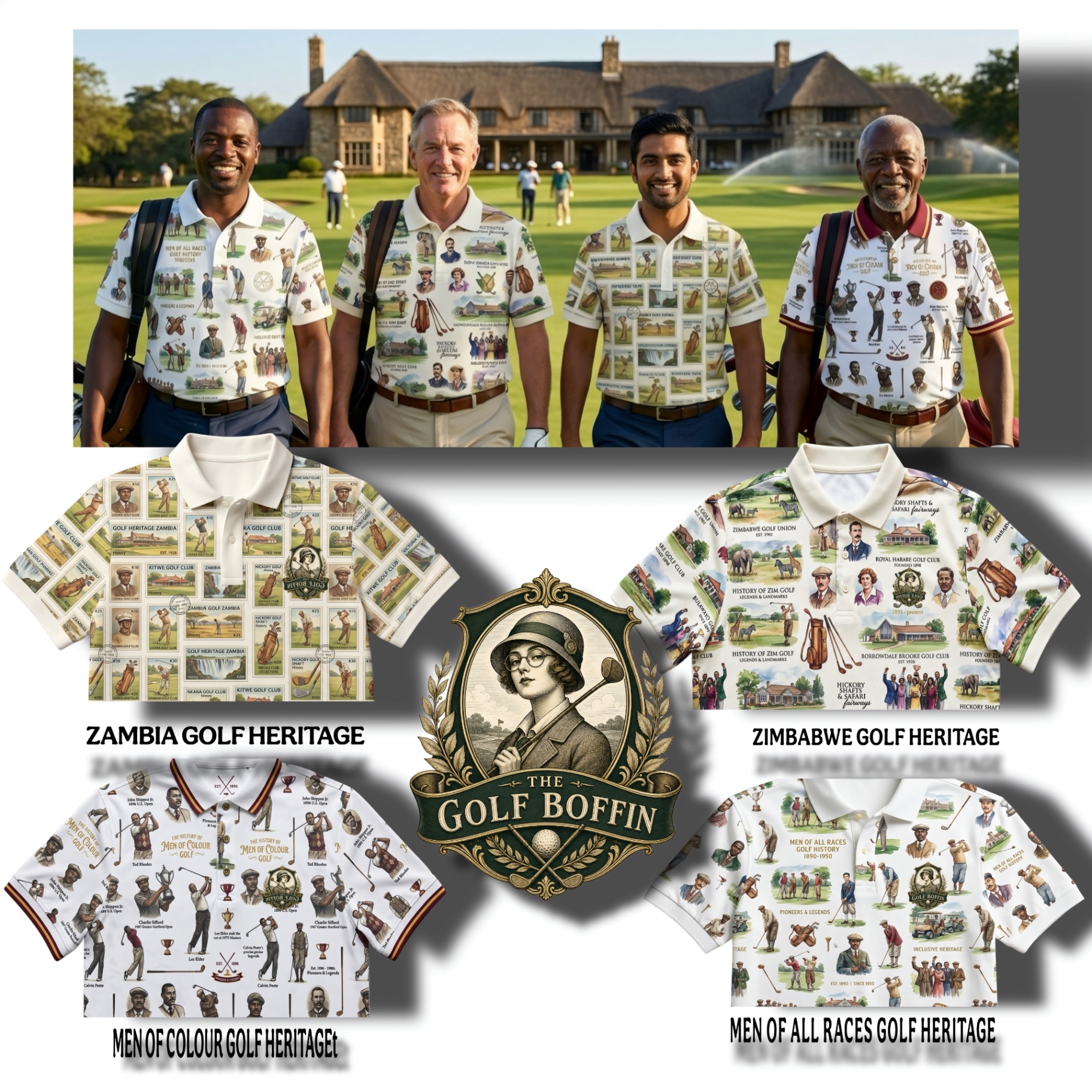 Four men wearing Boffin heritage polos — Zambia Golf Heritage, Zimbabwe Golf Heritage, Men of Colour Golf Heritage and Men of All Races Golf Heritage designs