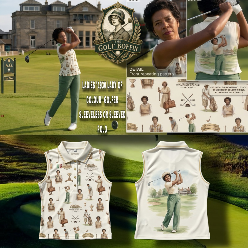 Ladies 1930 Lady of Colour golfer polo, sleeveless or sleeved, celebrating women of colour in golf