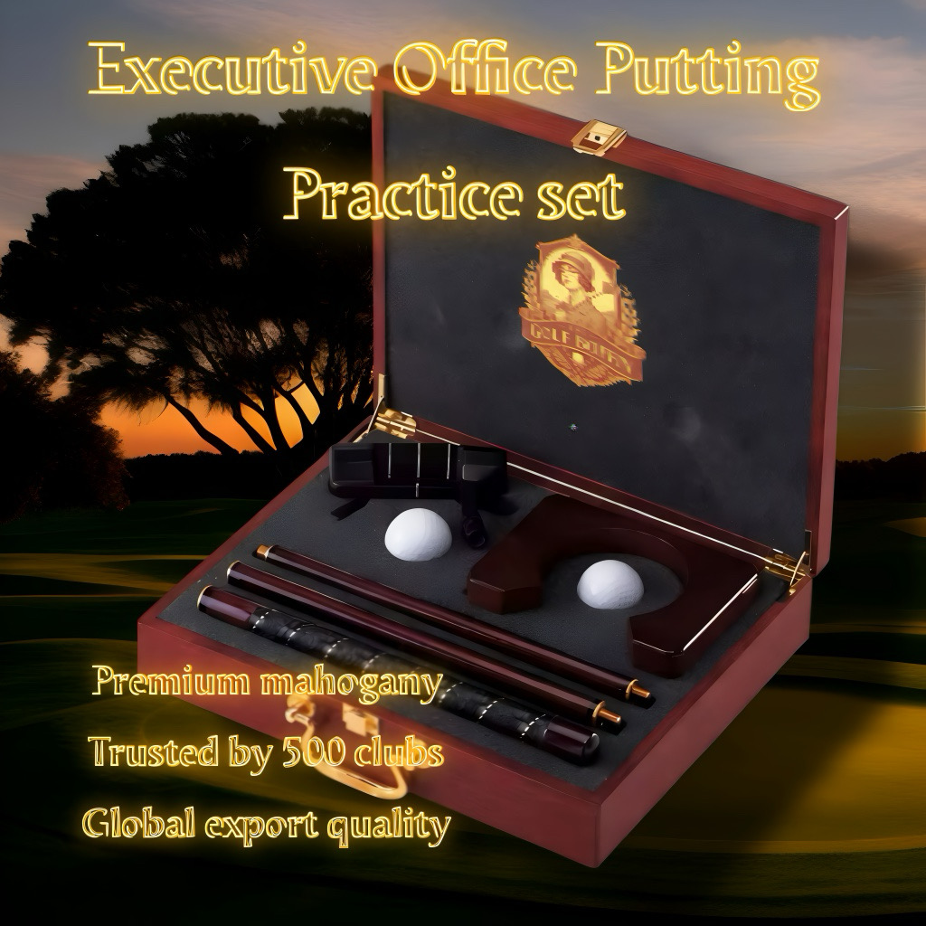 Executive office putting practice set in a mahogany presentation box