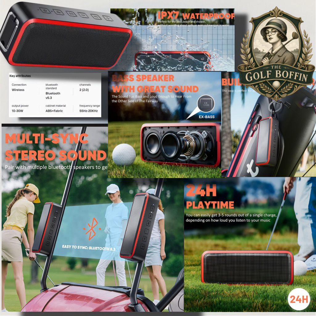 Golf cart Bluetooth speaker: IPX7 waterproof, magnetic cart mount, multi-sync stereo pairing and 24-hour playtime