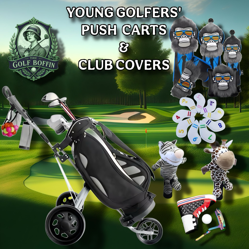 Young golfers' push carts, junior bags and novelty club covers