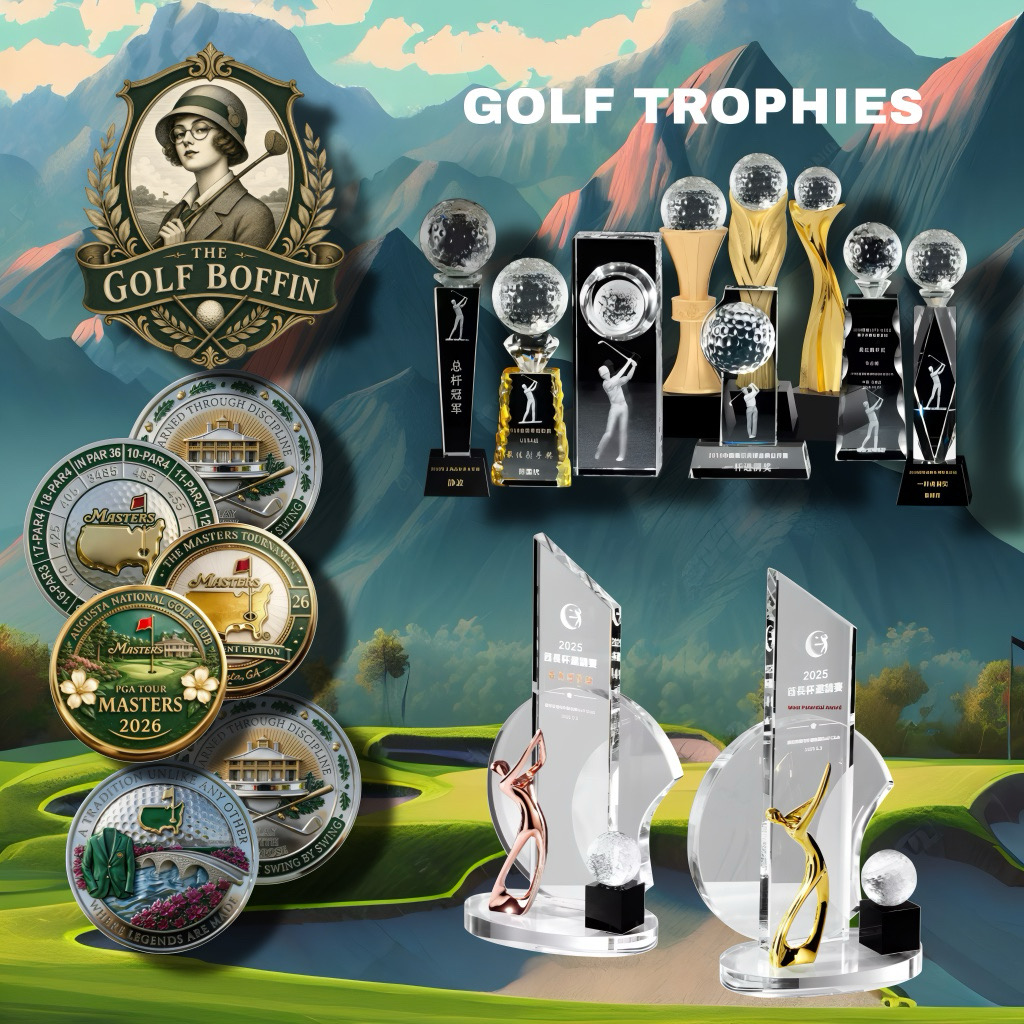 Crystal, glass and acrylic golf trophies with engraved plates plus commemorative medallions