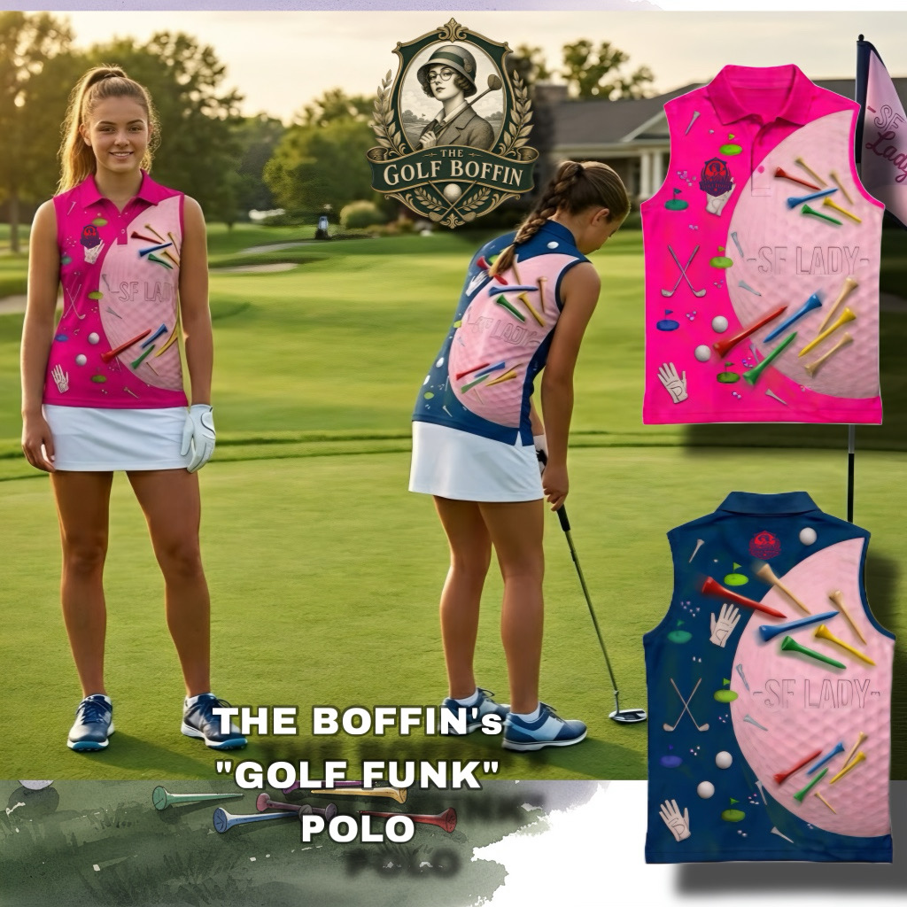The Boffin's Golf Funk sleeveless polo in pink and navy with scattered tees and golf ball graphic