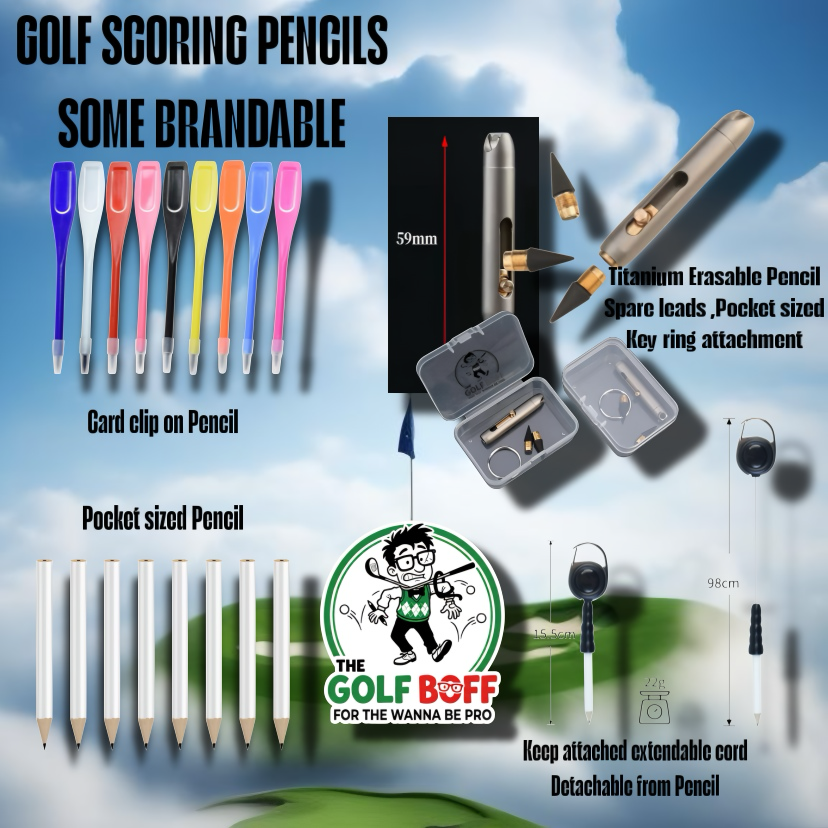 Golf scoring pencils, titanium erasable pencil and extendable cord pencils