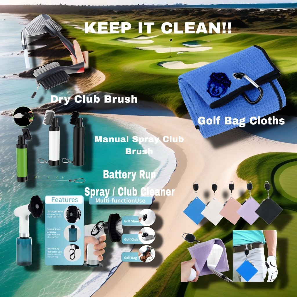 Club brushes, spray cleaners, microfibre towels and golf bag cloths