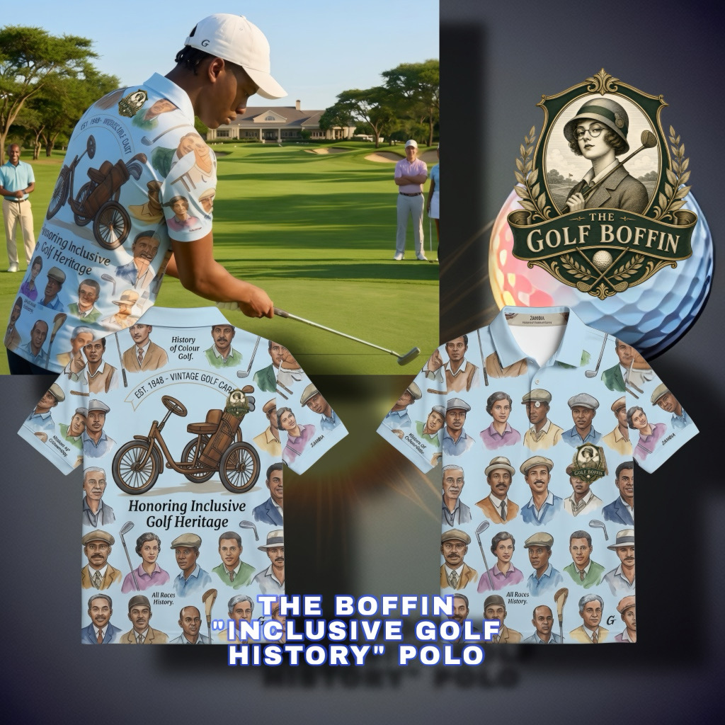 The Boffin Inclusive Golf History polo with watercolour portraits of golfers of all races and a vintage golf cart print