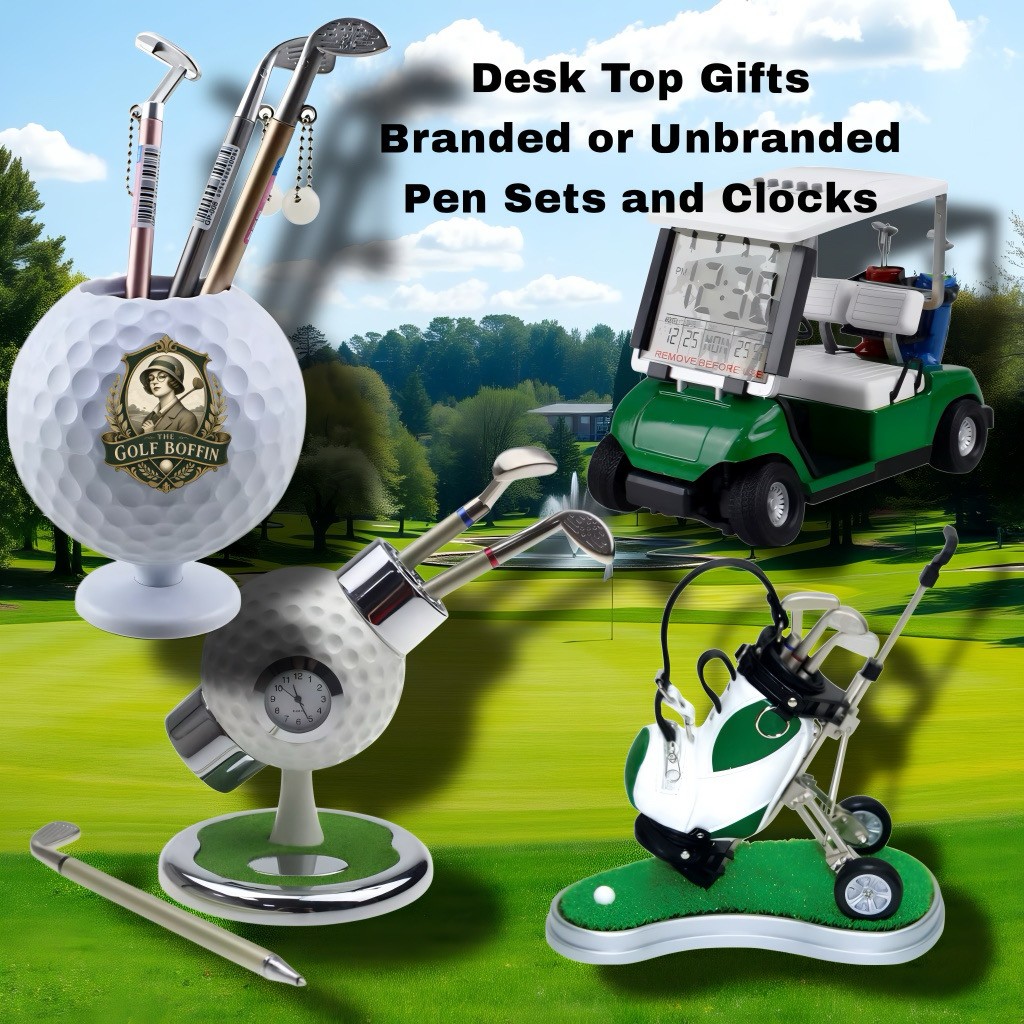 Golf-themed desk gifts: pen sets, clocks and accessories, branded or unbranded