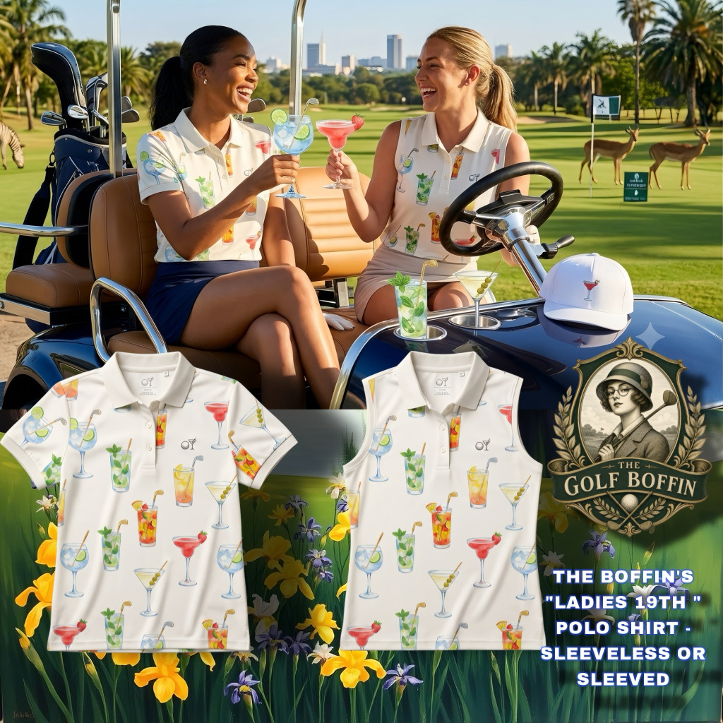 The Boffin's Ladies 19th polo in white with cocktail print, sleeveless or sleeved